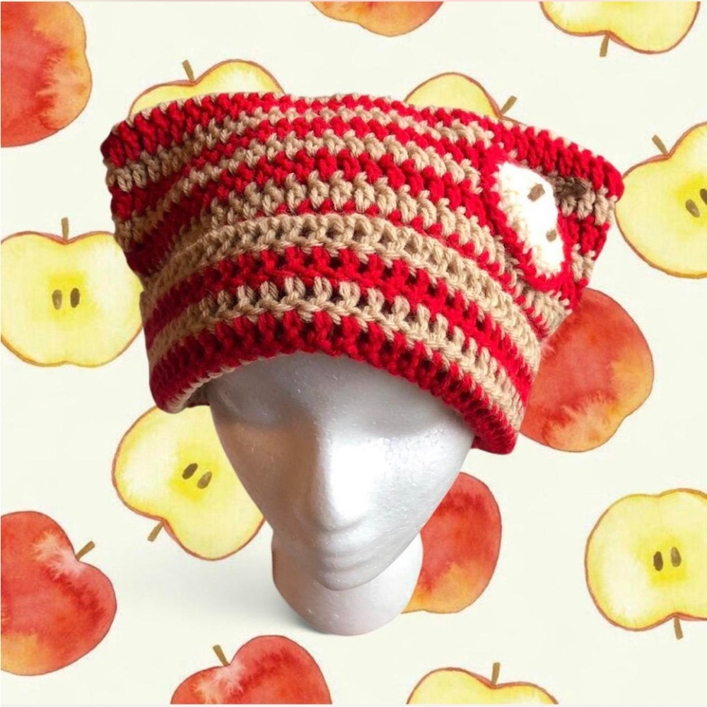 crochet tan and red apple striped cat ear beanie